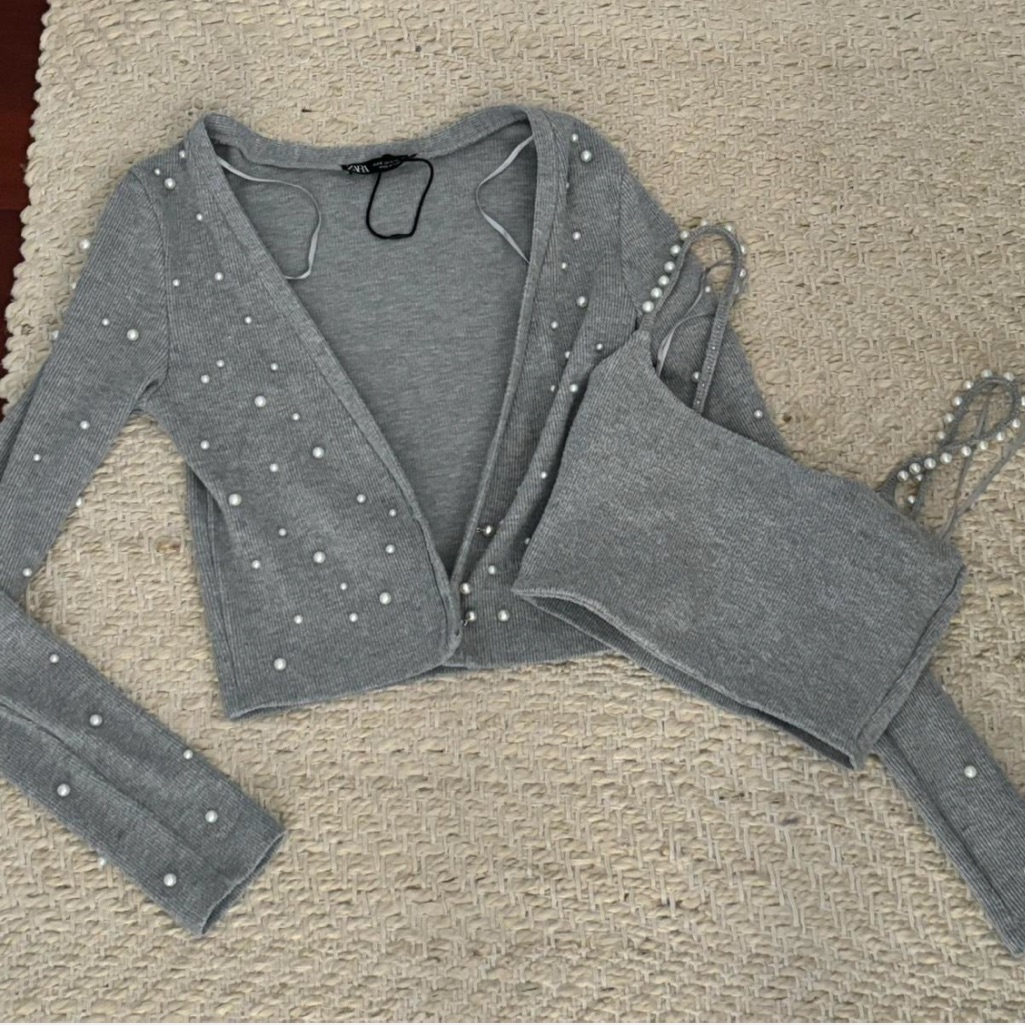 Gray Pearl Embellished Cardigan And Tank Set